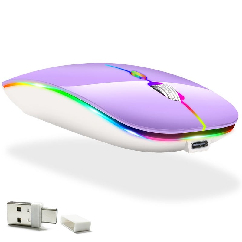 KLO LED Rechargeable Mouse(BT5.2+Type-C+USB2.4G) Bluetooth Mouse for MacBook/MacBook air/Pro/Laptop/Notebook/pc/iPad/Chromebook(A LED/Purple) - Image 1